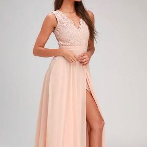 Lulu's Blush Lace Top Floor Length Formal Dress or Bridesmaid Dress